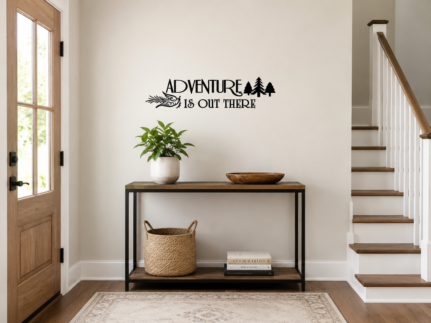 adventure is out there Black Adventure Is Out There removable wall decal displayed in a cozy modern home with caravan visible in backyard.