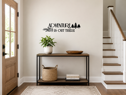 adventure is out there Black Adventure Is Out There removable wall decal displayed in a cozy modern home with caravan visible in backyard.
