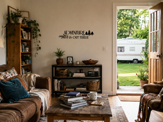 Black Adventure Is Out There removable wall decal displayed in a cozy modern home with caravan visible in backyard.