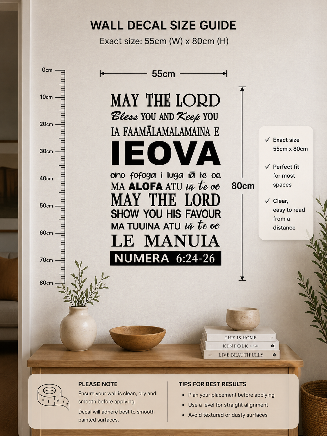 Samoan May the Lord Bless You wall decal in black vinyl featuring Numbers 6:24-26 scripture, displayed on a neutral wall in a modern home wall decal size guide