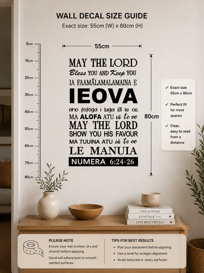 Samoan May the Lord Bless You wall decal in black vinyl featuring Numbers 6:24-26 scripture, displayed on a neutral wall in a modern home wall decal size guide