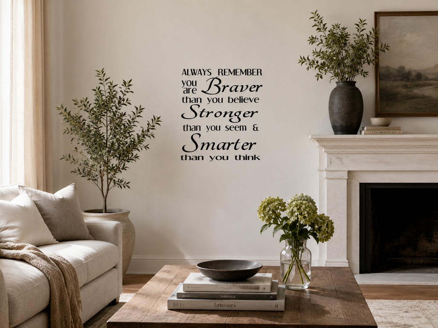 Stylish home interior showcasing a black inspirational quote wall decal in a relaxed modern space with natural light, wooden furnishings and soft neutral styling.