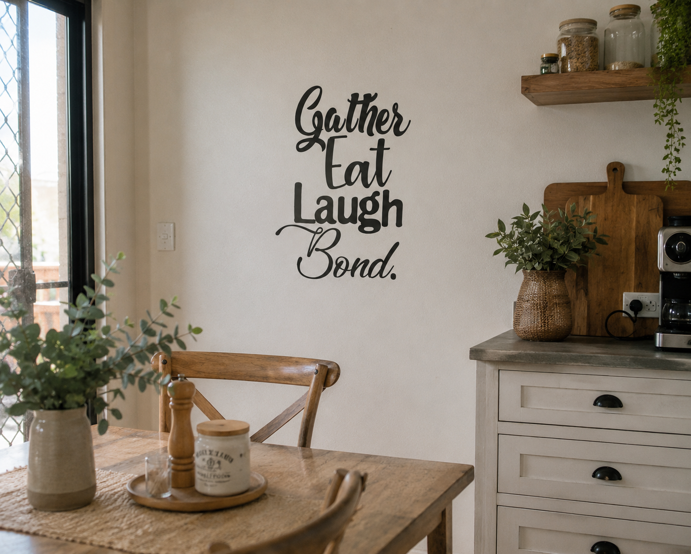 Black Gather Eat Laugh Bond kitchen wall decal displayed in a relaxed neutral kitchen dining space with wooden furniture, warm lighting and natural home styling.