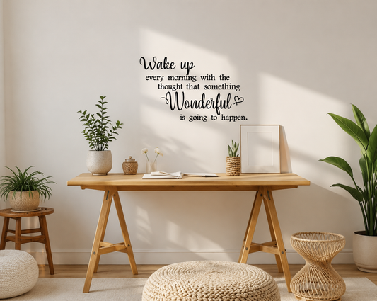 Wake Up Wonderful inspirational wall decal displayed above a desk in a modern bedroom and home office setting