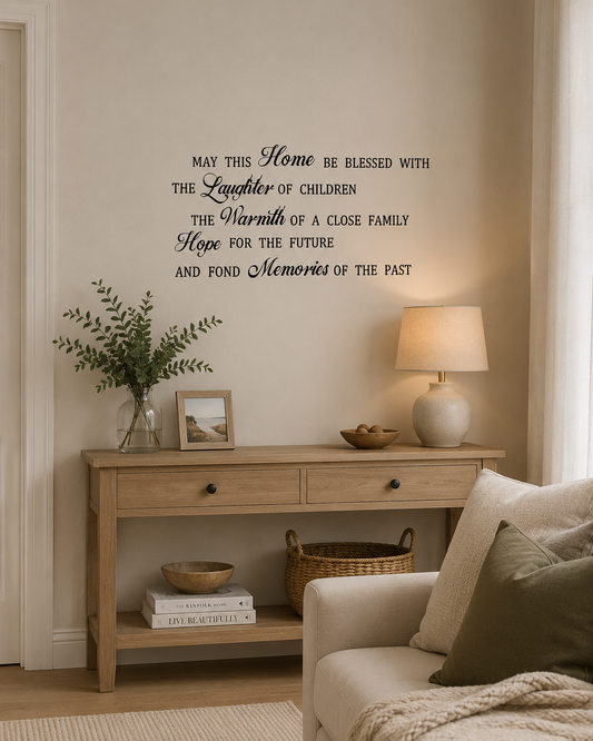 “Home Laughter Warmth removable wall decal in stylish typography for home décor, size 55cm x 100cm, easy apply vinyl wall quote for living room or bedroom”