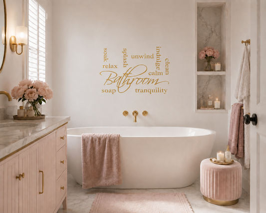 Bathroom Relax Soak Unwind removable wall decal above bathtub in modern spa-inspired bathroom gold