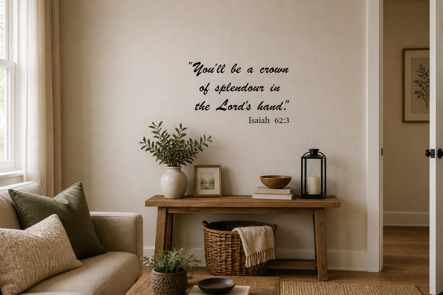 Crown of Splendour wall decal in black vinyl on modern wall, faith-inspired removable wall art 60x35cm