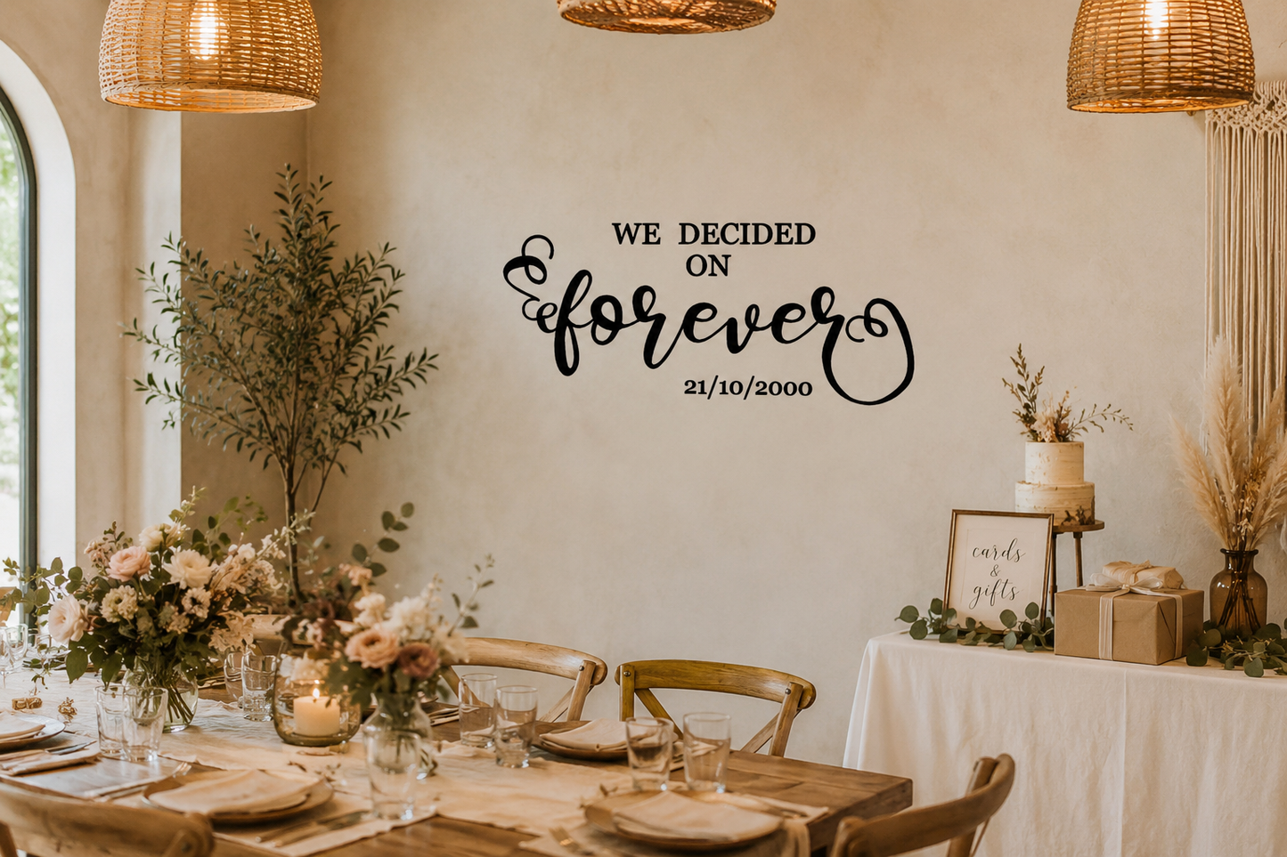 Decorated dining room with 'We Decided on Forever' wall decal and wedding table setup.