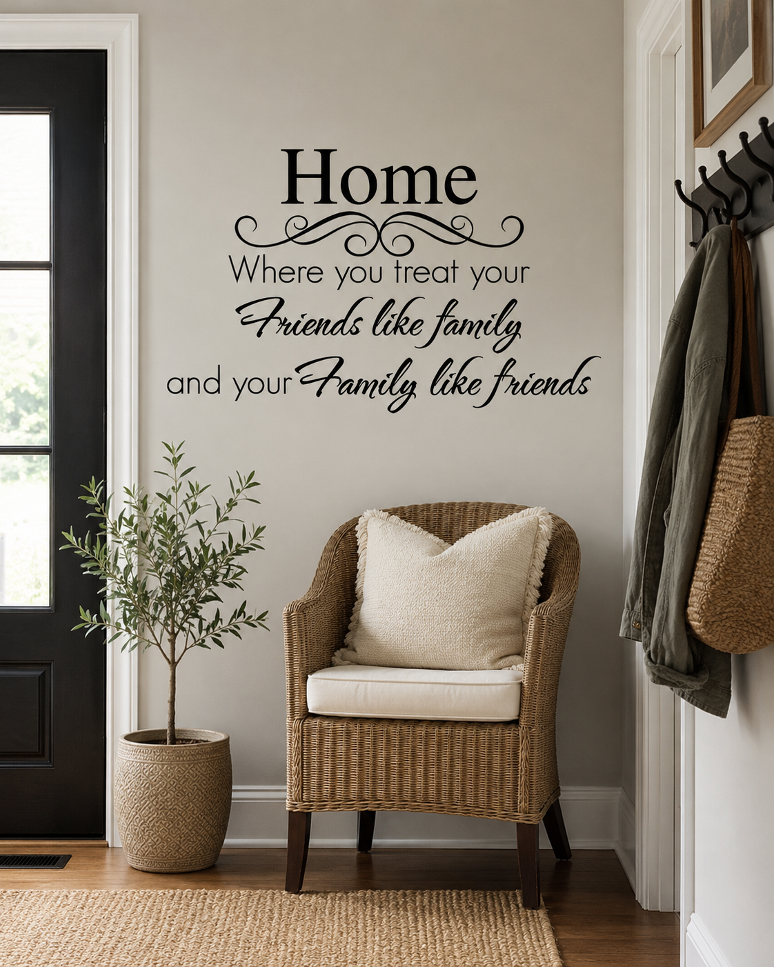 Black family quote wall decal above a bookshelf with framed family photos and home decor in a cosy neutral living room.