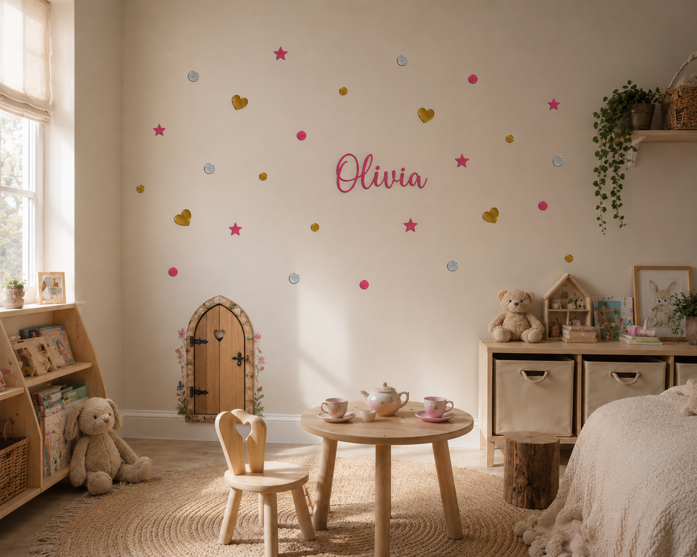Warm and cozy girls’ bedroom featuring a personalised “Olivia” wall decal surrounded by scattered hot pink butterfly silhouettes, stars, dots, and gold heart decals. The neutral-toned room includes wooden furniture, soft natural textures, a toy tea table, plush teddy bear, bookshelf, and whimsical fairy door décor, creating a calm and playful nursery atmosphere.