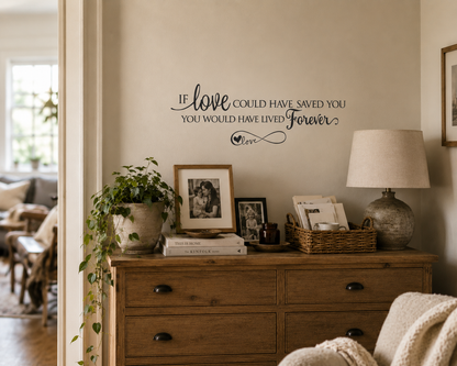 Wooden dresser with decorative items and a wall quote in a home setting