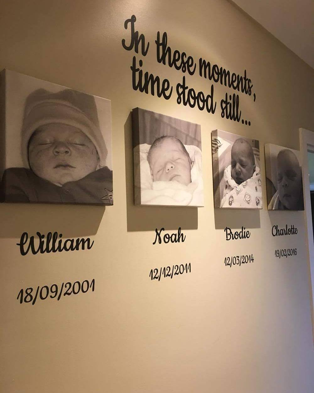 Personalised “In These Moments, Time Stood Still” wall decal. Removable vinyl, wall-safe, custom names & dates. Perfect for growing families & gifts.