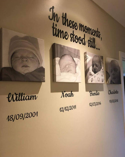 Personalised “In These Moments, Time Stood Still” wall decal. Removable vinyl, wall-safe, custom names & dates. Perfect for growing families & gifts.
