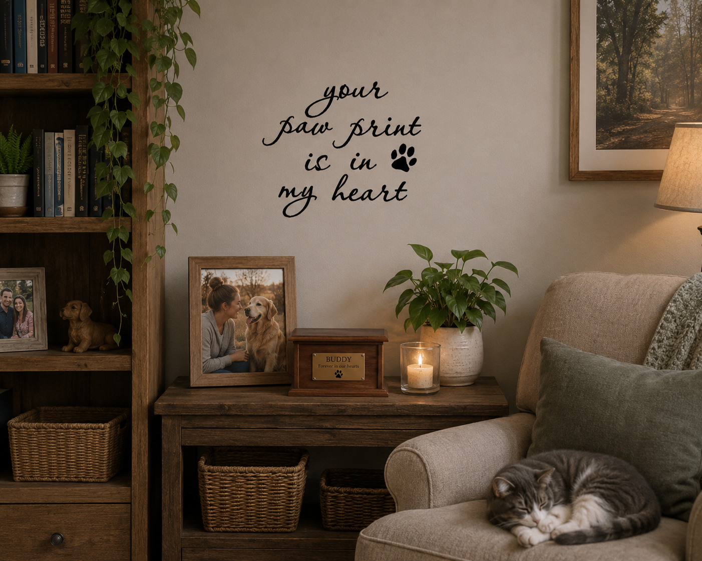 Paw Prints removable vinyl wall decal displayed above a bedside table with framed pet photos in a warm modern bedroom.