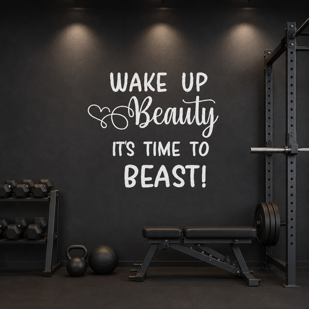 Black motivational “Wake Up Beauty It’s Time To Beast!” wall decal displayed in a modern white home gym with workout equipment.